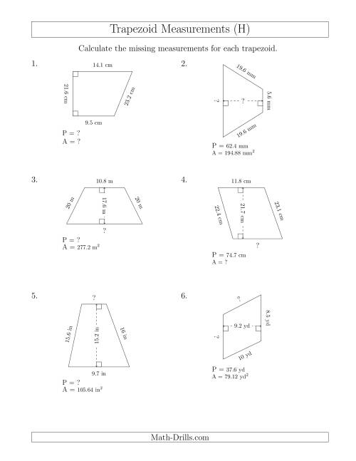 The Calculating Various Measurements of Trapezoids (H) Math Worksheet