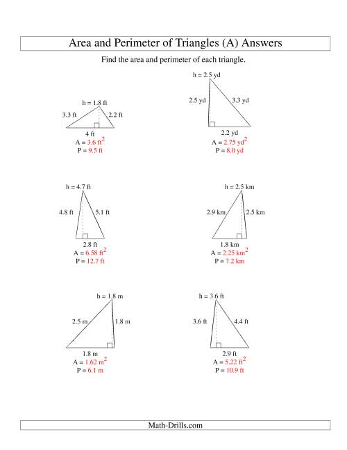 The Area and Perimeter of Triangles (up to 1 decimal place; range 1-5) (A) Math Worksheet Page 2