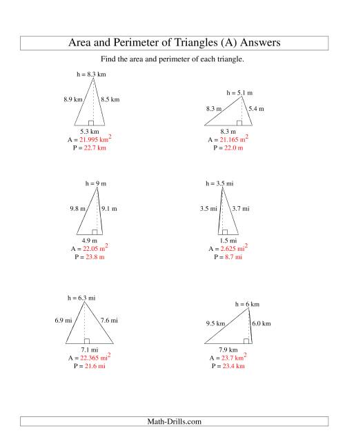 The Area and Perimeter of Triangles (up to 1 decimal place; range 1-9) (A) Math Worksheet Page 2