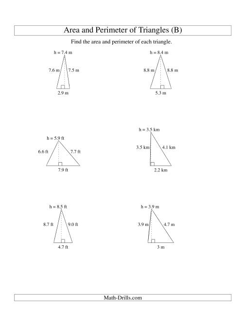 The Area and Perimeter of Triangles (up to 1 decimal place; range 1-9) (B) Math Worksheet