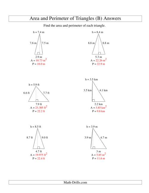 The Area and Perimeter of Triangles (up to 1 decimal place; range 1-9) (B) Math Worksheet Page 2