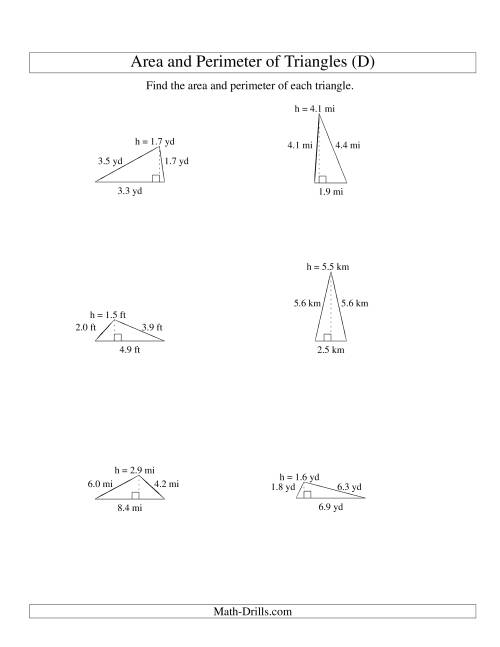 The Area and Perimeter of Triangles (up to 1 decimal place; range 1-9) (D) Math Worksheet