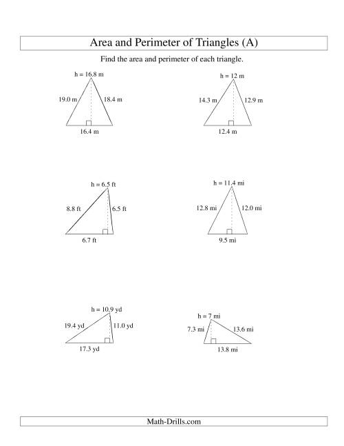 The Area and Perimeter of Triangles (up to 1 decimal place; range 5-20) (A) Math Worksheet