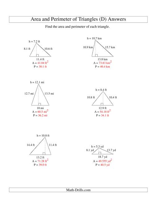 The Area and Perimeter of Triangles (up to 1 decimal place; range 5-20) (D) Math Worksheet Page 2