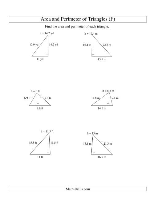 The Area and Perimeter of Triangles (up to 1 decimal place; range 5-20) (F) Math Worksheet