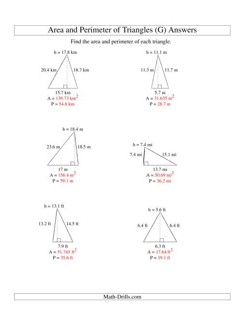 The Area and Perimeter of Triangles (up to 1 decimal place; range 5-20) (G) Math Worksheet Page 2