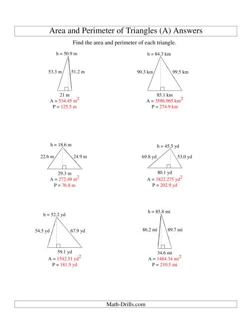 The Area and Perimeter of Triangles (up to 1 decimal place; range 10-99) (A) Math Worksheet Page 2