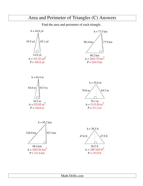 The Area and Perimeter of Triangles (up to 1 decimal place; range 10-99) (C) Math Worksheet Page 2