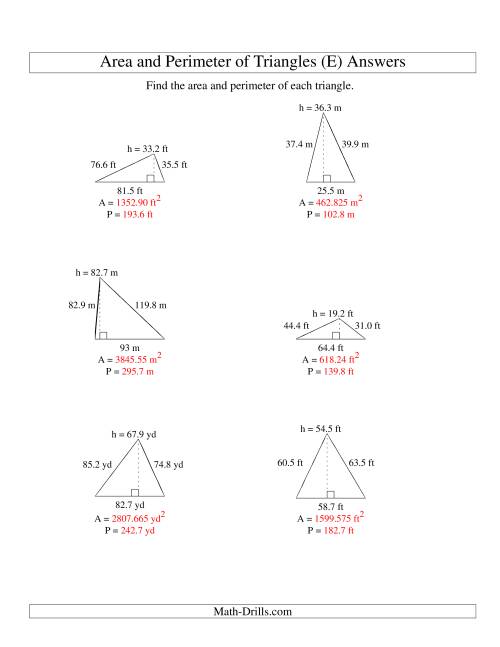 The Area and Perimeter of Triangles (up to 1 decimal place; range 10-99) (E) Math Worksheet Page 2
