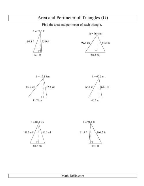 The Area and Perimeter of Triangles (up to 1 decimal place; range 10-99) (G) Math Worksheet