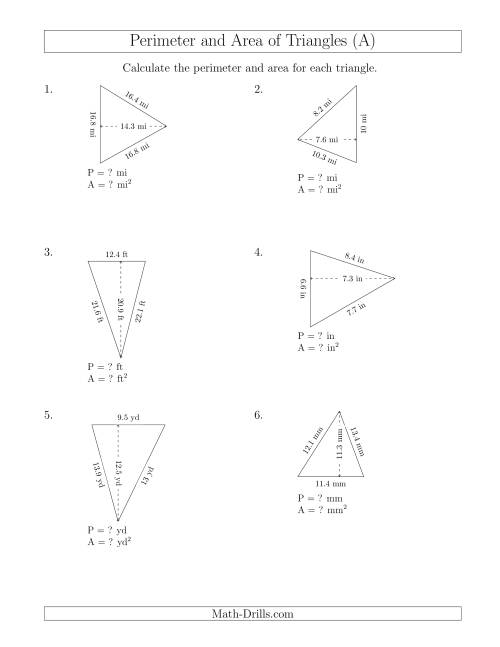 The Calculating the Perimeter and Area of Acute Triangles (Rotated Triangles) (All) Math Worksheet