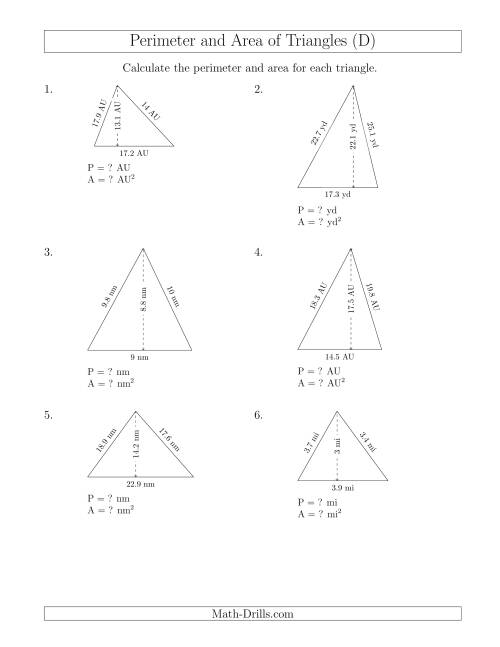 The Calculating the Perimeter and Area of Acute Triangles (D) Math Worksheet
