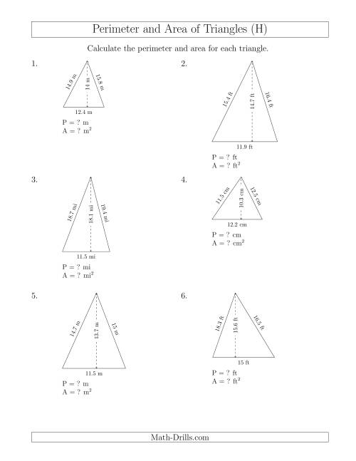 The Calculating the Perimeter and Area of Acute Triangles (H) Math Worksheet