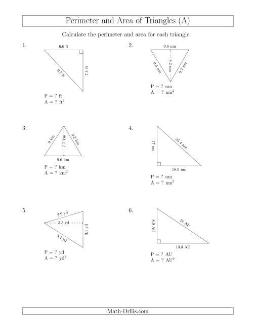 The Calculating the Perimeter and Area of Acute and Right Triangles (Rotated Triangles) (A) Math Worksheet