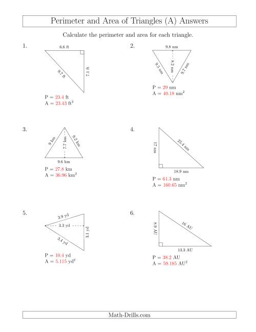 The Calculating the Perimeter and Area of Acute and Right Triangles (Rotated Triangles) (A) Math Worksheet Page 2