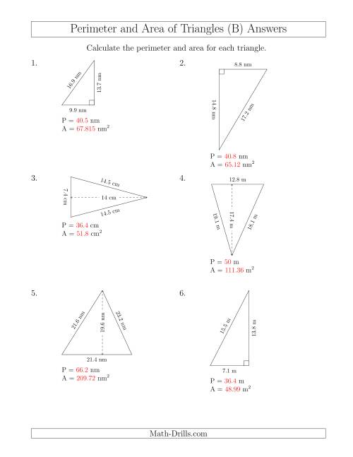 The Calculating the Perimeter and Area of Acute and Right Triangles (Rotated Triangles) (B) Math Worksheet Page 2