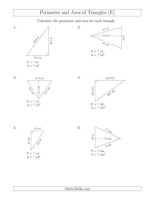 The Calculating the Perimeter and Area of Acute and Right Triangles (Rotated Triangles) (E) Math Worksheet
