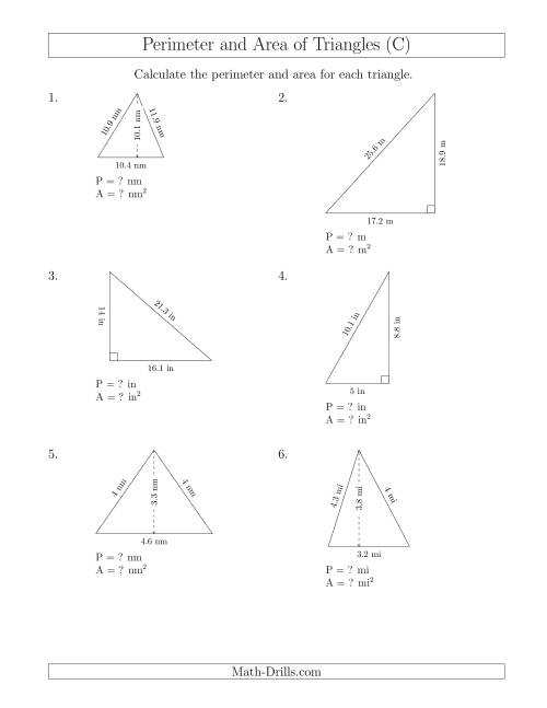 The Calculating the Perimeter and Area of Acute and Right Triangles (C) Math Worksheet