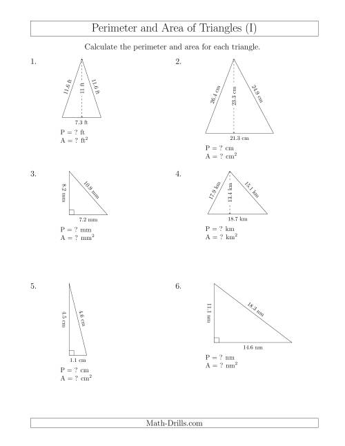 The Calculating the Perimeter and Area of Acute and Right Triangles (I) Math Worksheet