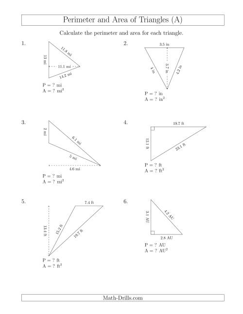 The Calculating the Perimeter and Area of Triangles (Rotated Triangles) (A) Math Worksheet