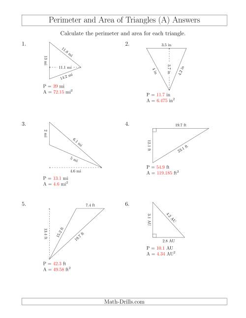 The Calculating the Perimeter and Area of Triangles (Rotated Triangles) (A) Math Worksheet Page 2