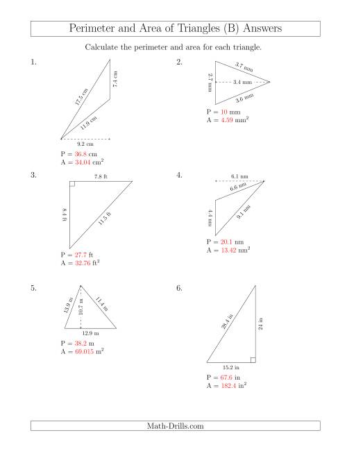The Calculating the Perimeter and Area of Triangles (Rotated Triangles) (B) Math Worksheet Page 2