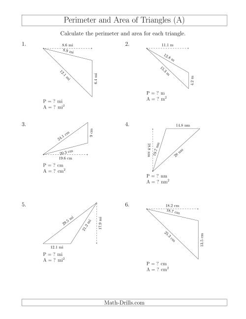 The Calculating the Perimeter and Area of Obtuse Triangles (Rotated Triangles) (A) Math Worksheet