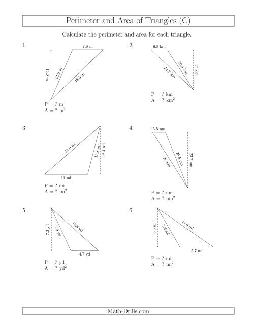 The Calculating the Perimeter and Area of Obtuse Triangles (Rotated Triangles) (C) Math Worksheet