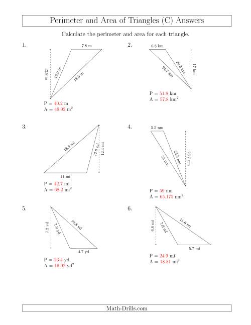 The Calculating the Perimeter and Area of Obtuse Triangles (Rotated Triangles) (C) Math Worksheet Page 2