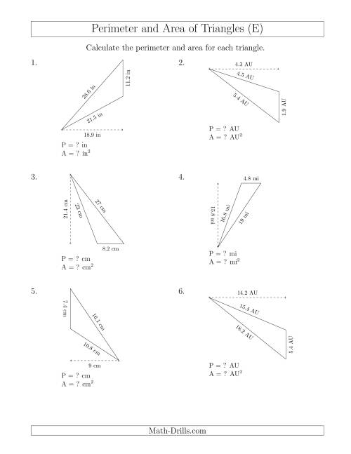 The Calculating the Perimeter and Area of Obtuse Triangles (Rotated Triangles) (E) Math Worksheet