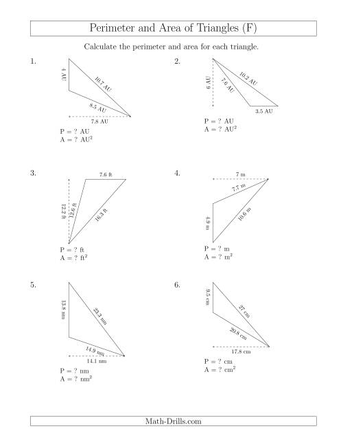 The Calculating the Perimeter and Area of Obtuse Triangles (Rotated Triangles) (F) Math Worksheet