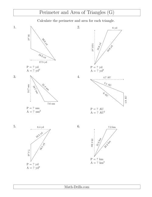 The Calculating the Perimeter and Area of Obtuse Triangles (Rotated Triangles) (G) Math Worksheet