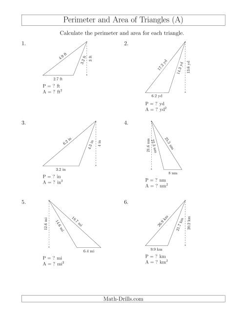 The Calculating the Perimeter and Area of Obtuse Triangles (A) Math Worksheet