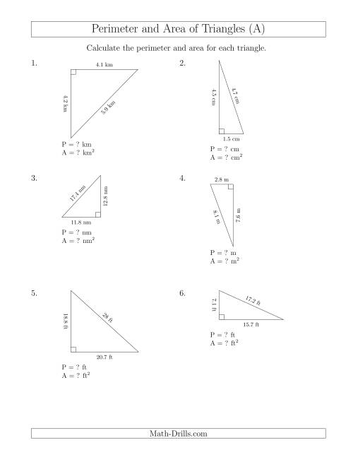 The Calculating the Perimeter and Area of Right Triangles (Rotated Triangles) (A) Math Worksheet