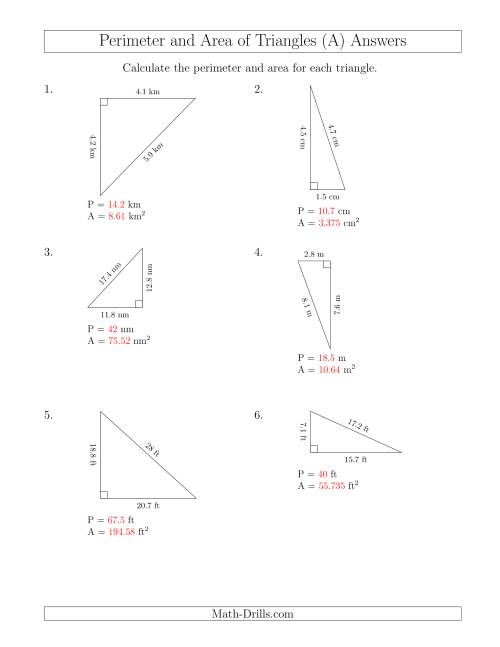 The Calculating the Perimeter and Area of Right Triangles (Rotated Triangles) (A) Math Worksheet Page 2