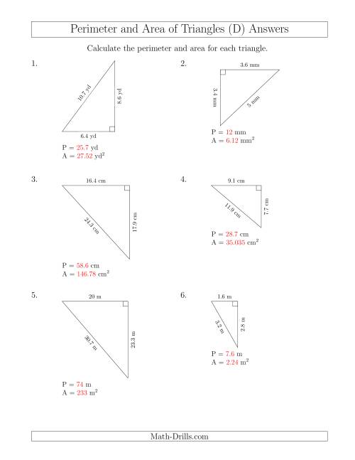 The Calculating the Perimeter and Area of Right Triangles (Rotated Triangles) (D) Math Worksheet Page 2