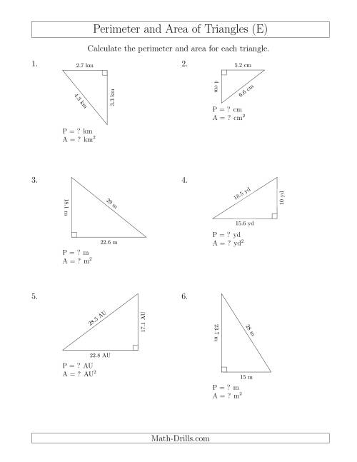 The Calculating the Perimeter and Area of Right Triangles (Rotated Triangles) (E) Math Worksheet
