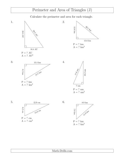 The Calculating the Perimeter and Area of Right Triangles (Rotated Triangles) (J) Math Worksheet