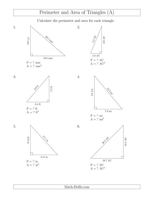 The Calculating the Perimeter and Area of Right Triangles (A) Math Worksheet