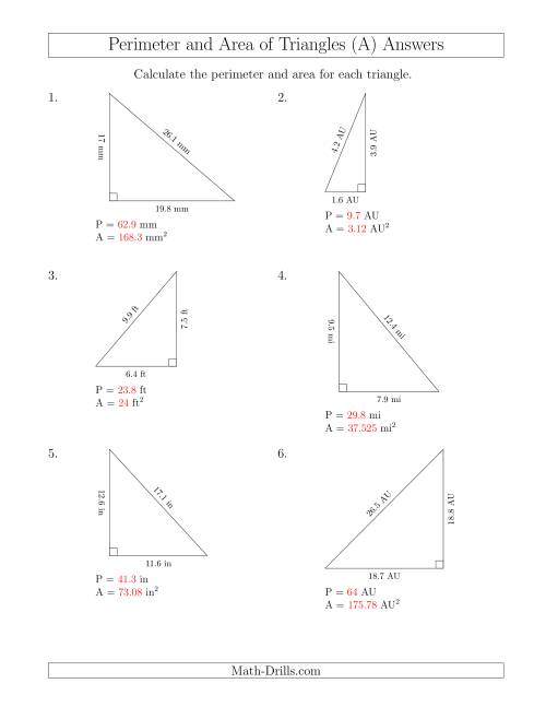 The Calculating the Perimeter and Area of Right Triangles (A) Math Worksheet Page 2
