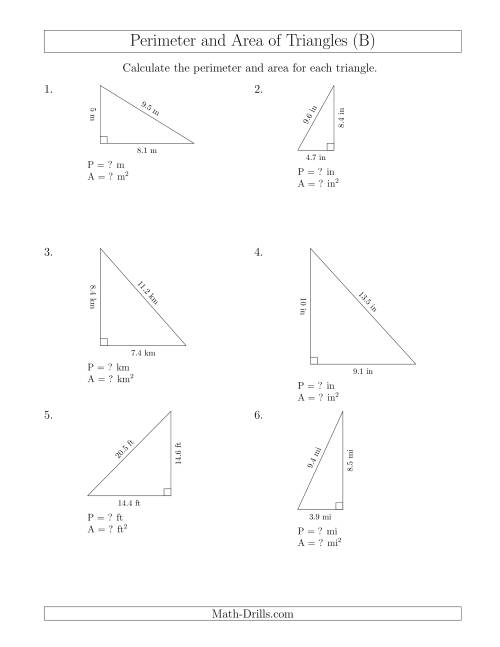 The Calculating the Perimeter and Area of Right Triangles (B) Math Worksheet