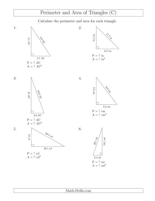The Calculating the Perimeter and Area of Right Triangles (C) Math Worksheet