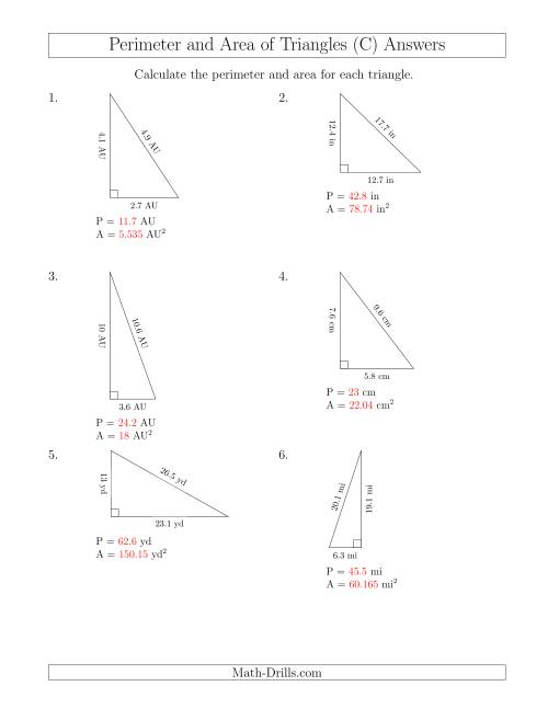 The Calculating the Perimeter and Area of Right Triangles (C) Math Worksheet Page 2