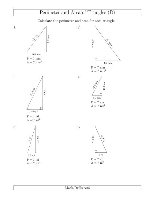 The Calculating the Perimeter and Area of Right Triangles (D) Math Worksheet