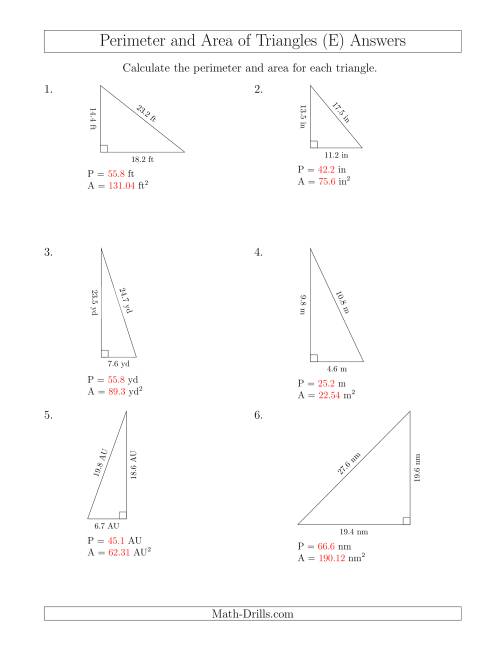 The Calculating the Perimeter and Area of Right Triangles (E) Math Worksheet Page 2