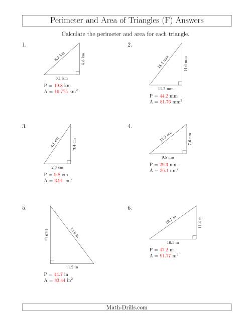 The Calculating the Perimeter and Area of Right Triangles (F) Math Worksheet Page 2