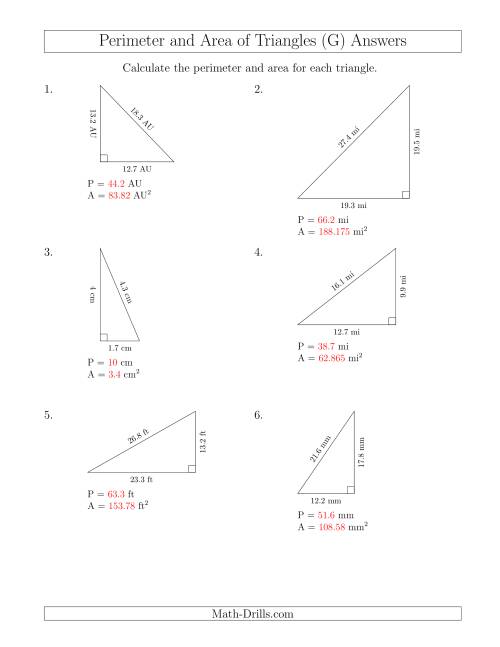 The Calculating the Perimeter and Area of Right Triangles (G) Math Worksheet Page 2