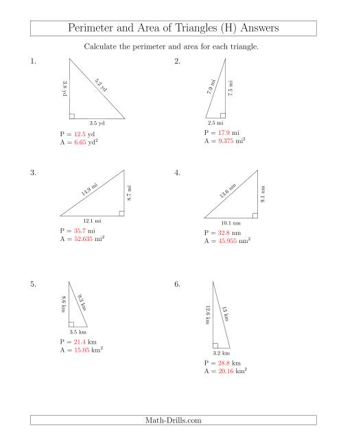 The Calculating the Perimeter and Area of Right Triangles (H) Math Worksheet Page 2