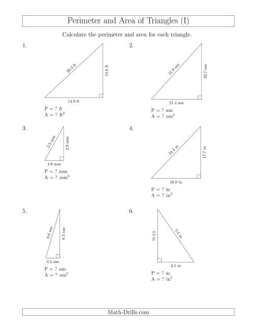 The Calculating the Perimeter and Area of Right Triangles (I) Math Worksheet