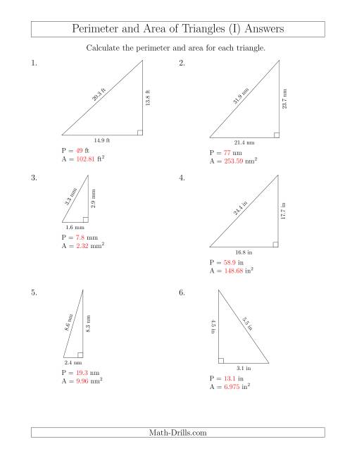 The Calculating the Perimeter and Area of Right Triangles (I) Math Worksheet Page 2